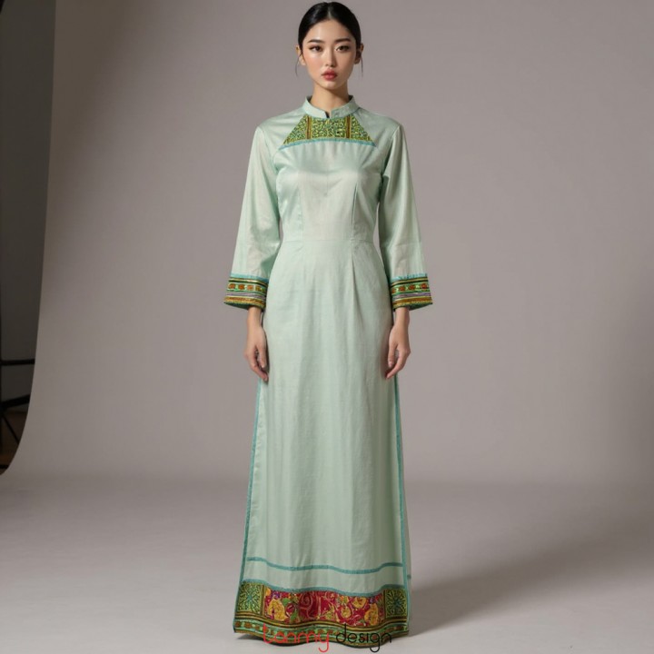 Áo dài ôm đũi phối thổ cẩm xanh